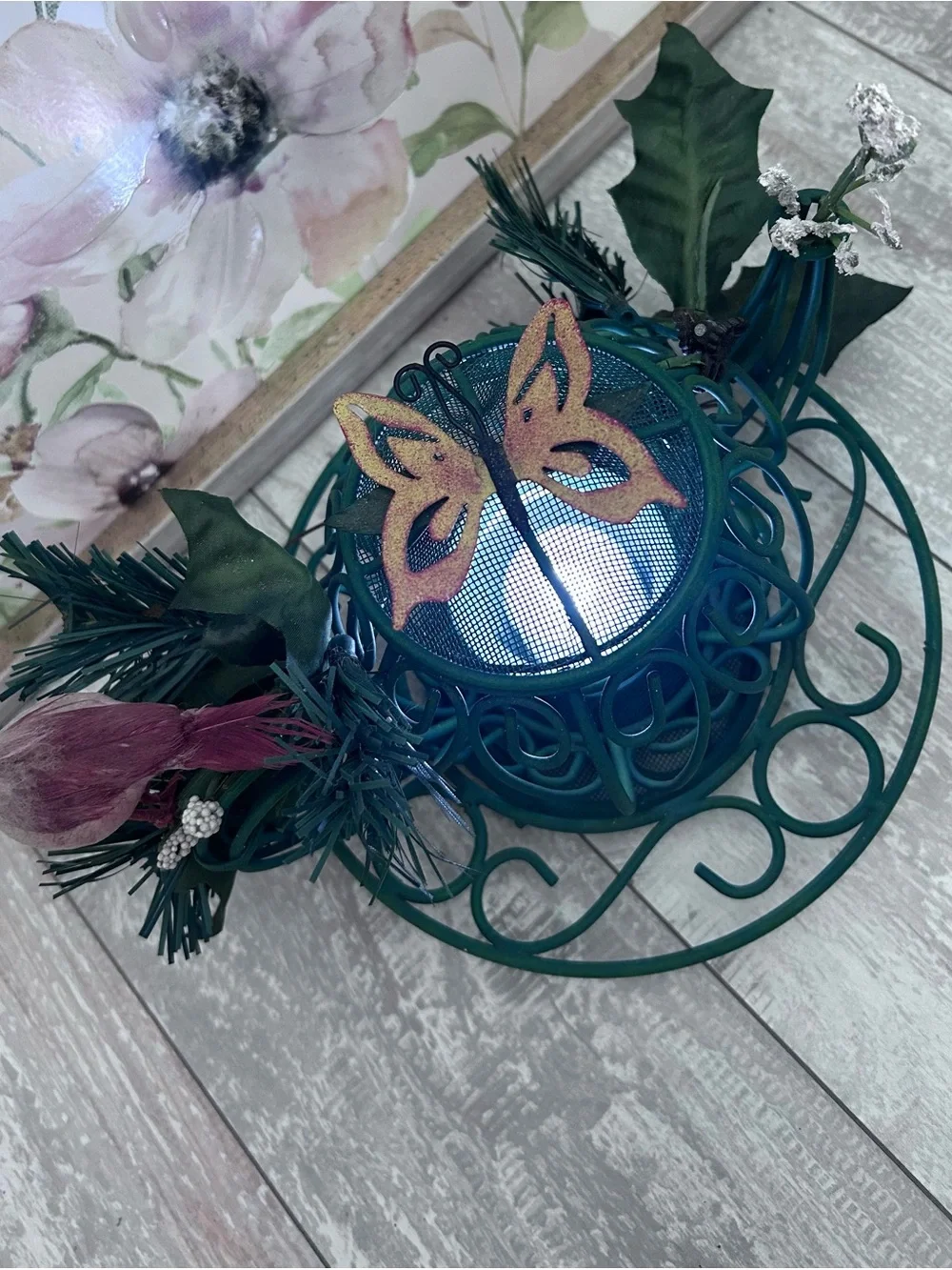 Vintage 4 Piece Green Wire Teapot Tea Light Holder with Butterfly Lid.